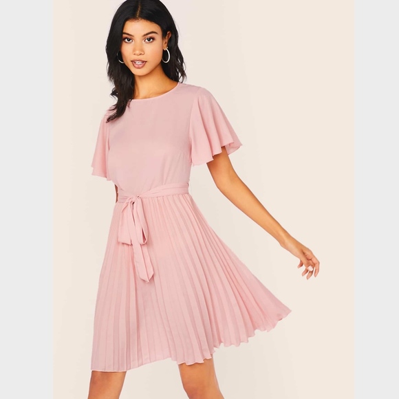 Flounce Sleeve Belted Pleated Mini Dress in Pink - Picture 2 of 7